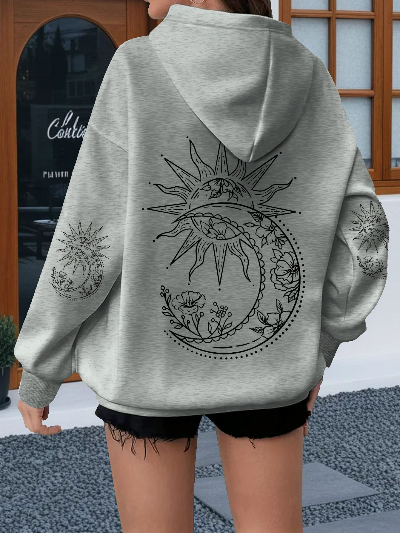 Hoodie Women Oversized - 여성용 꽃과 태양 프린트 후드티 유니섹스