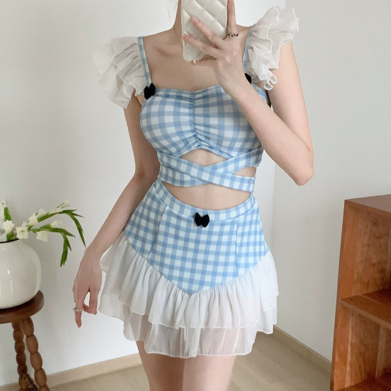 Women Fashion Outfits - 숙녀 슬리밍 홀터넥 수영복 귀여운 리본