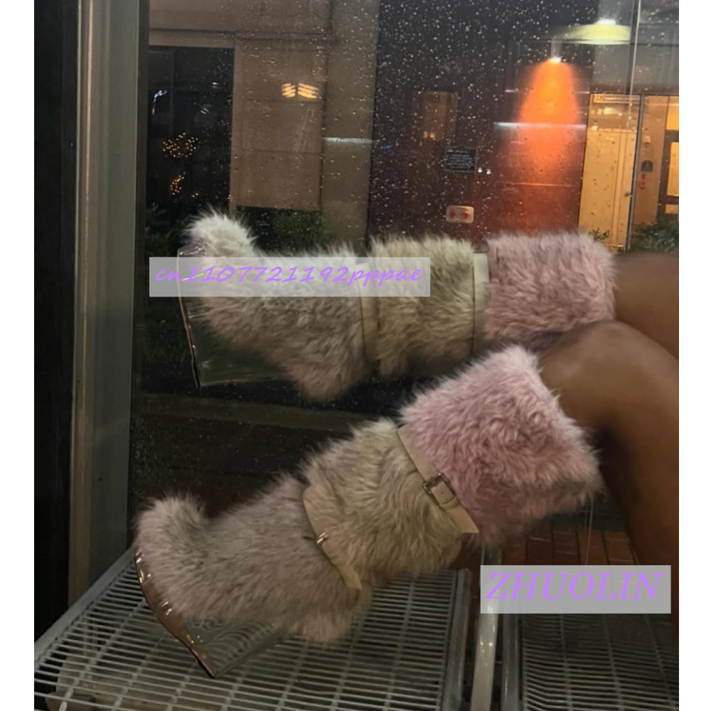 Women'S Fashion Leather Boots - 겨울 그라데이션 퍼리 투명 웨지 부츠
