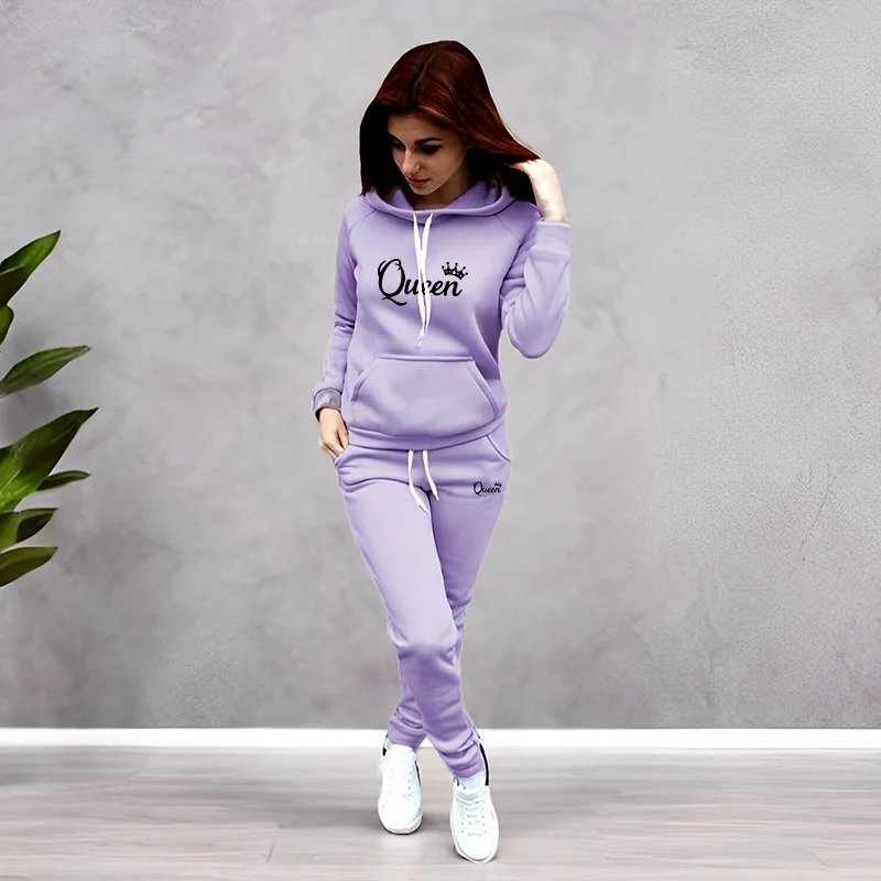 Women Fashion Outfits - 여성 트랙수트 퀸 레터 프린팅 후드