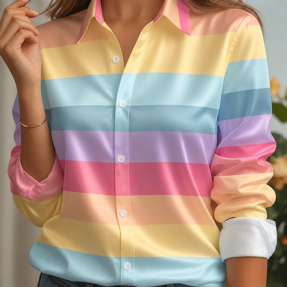 Women Fashion Outfits - 여성용 새틴 라펠 칼라 셔츠 파스텔