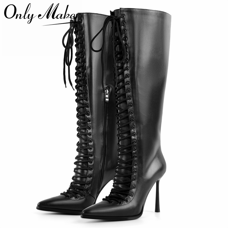 Women'S Fashion Leather Boots - Onlymaker 뾰족한 발가락 레이스업 인조 가죽