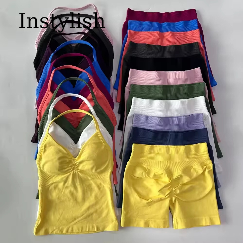 High Waist Leggings - 여성용 심리스 요가 2피스 세트, 홀터