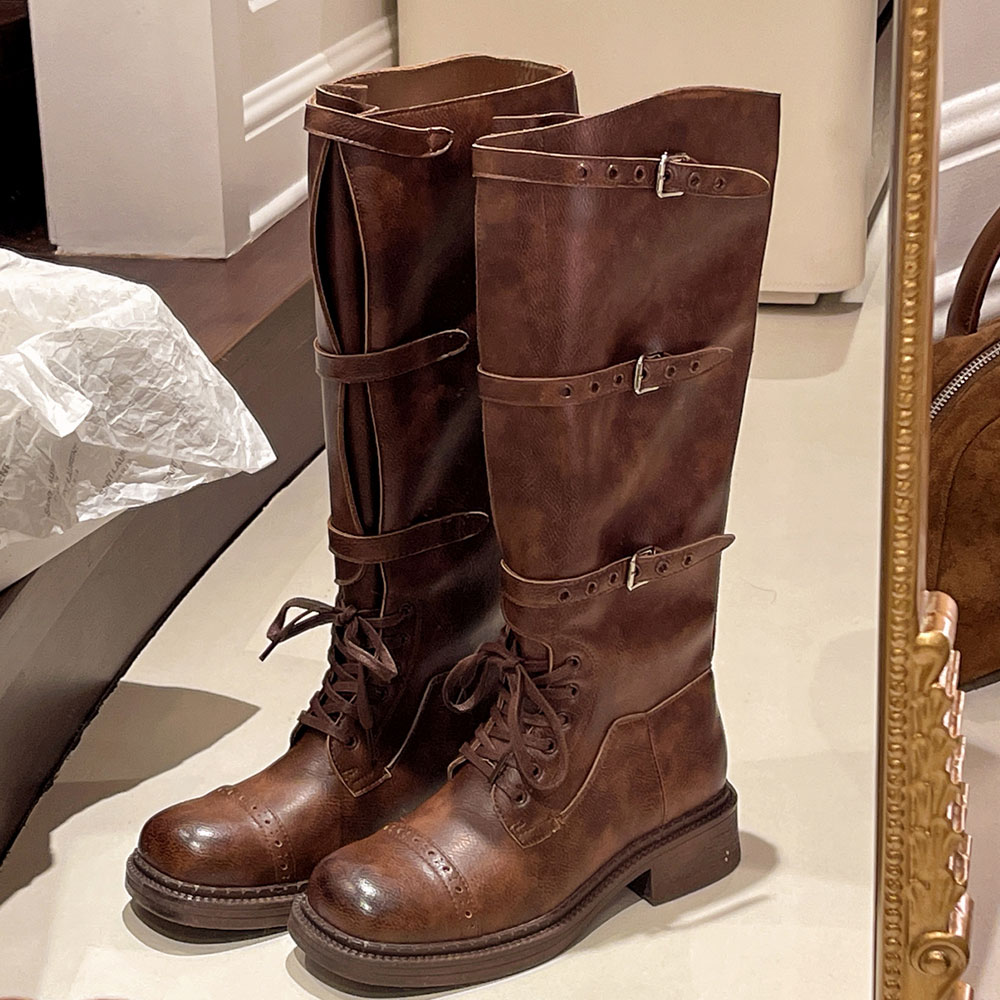 여성용 무릎 높이 부츠 빈티지 벨트 버클 디자인 여성용 - Women'S Fashion Leather Boots 리뷰 및 가격