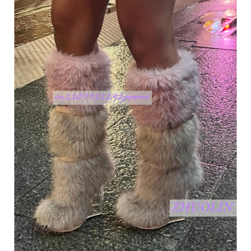 겨울 그라데이션 퍼리 투명 웨지 부츠 여성용 스위트 벨 - Women'S Fashion Leather Boots 리뷰 및 가격