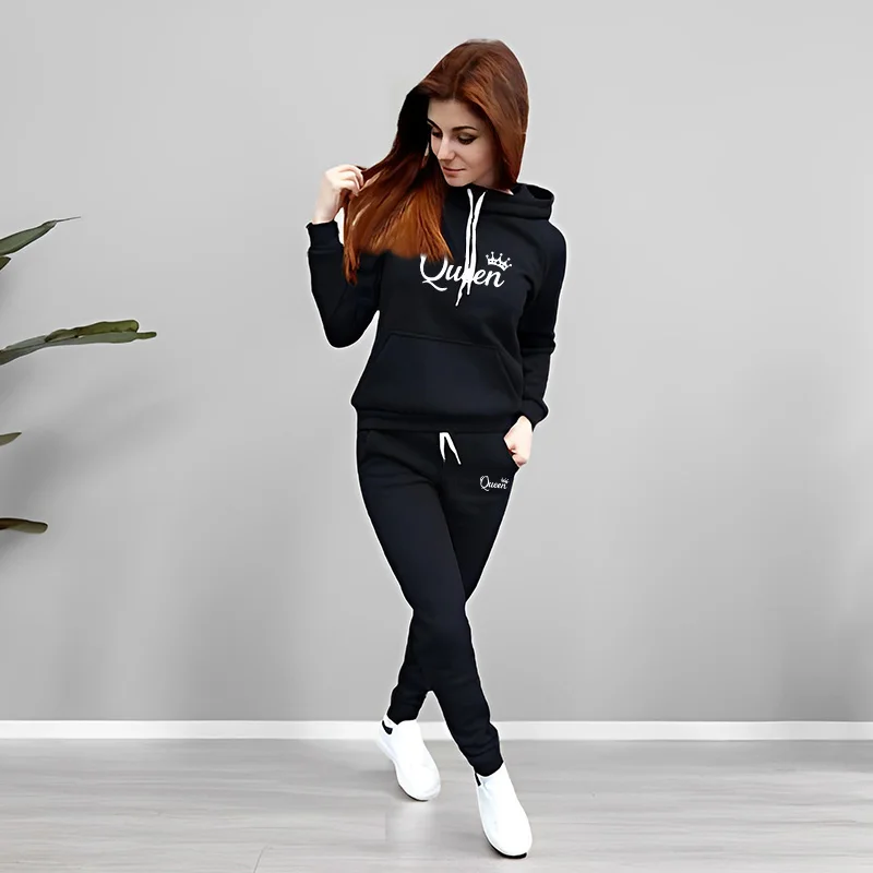 여성 트랙수트 퀸 레터 프린팅 후드 스웨트셔츠 세트 고 - Women Fashion Outfits 리뷰 및 가격
