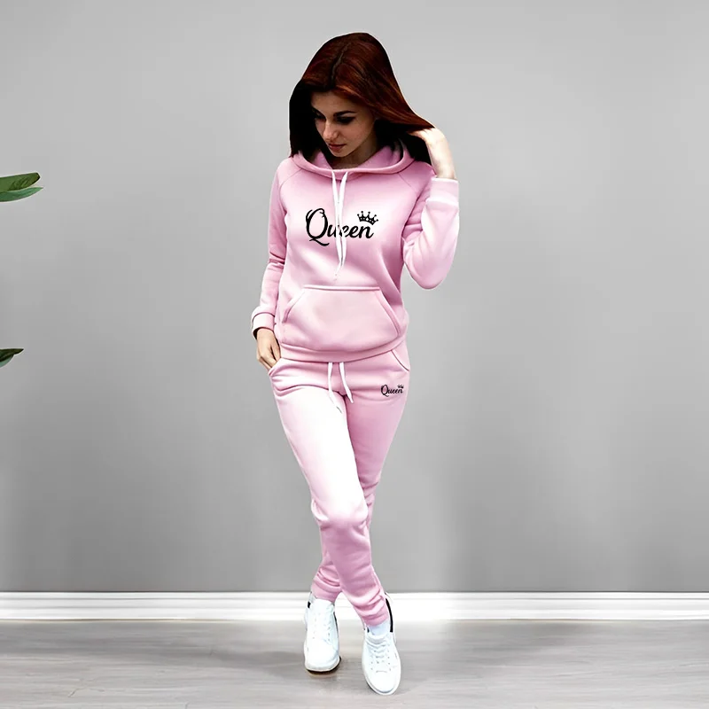 여성 트랙수트 퀸 레터 프린팅 후드 스웨트셔츠 세트 고 - Women Fashion Outfits 리뷰 및 가격