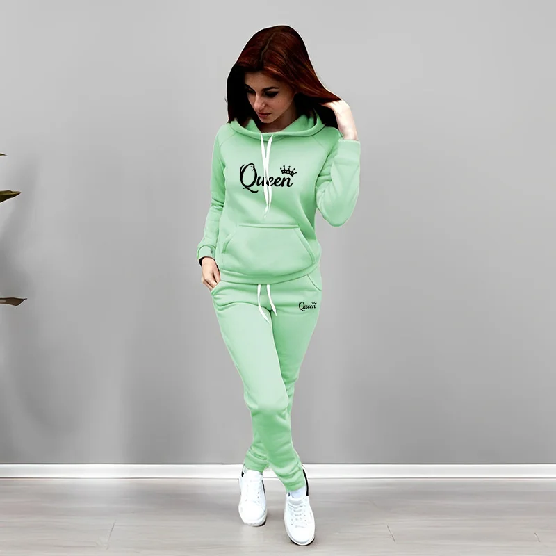 여성 트랙수트 퀸 레터 프린팅 후드 스웨트셔츠 세트 고 - Women Fashion Outfits 리뷰 및 가격