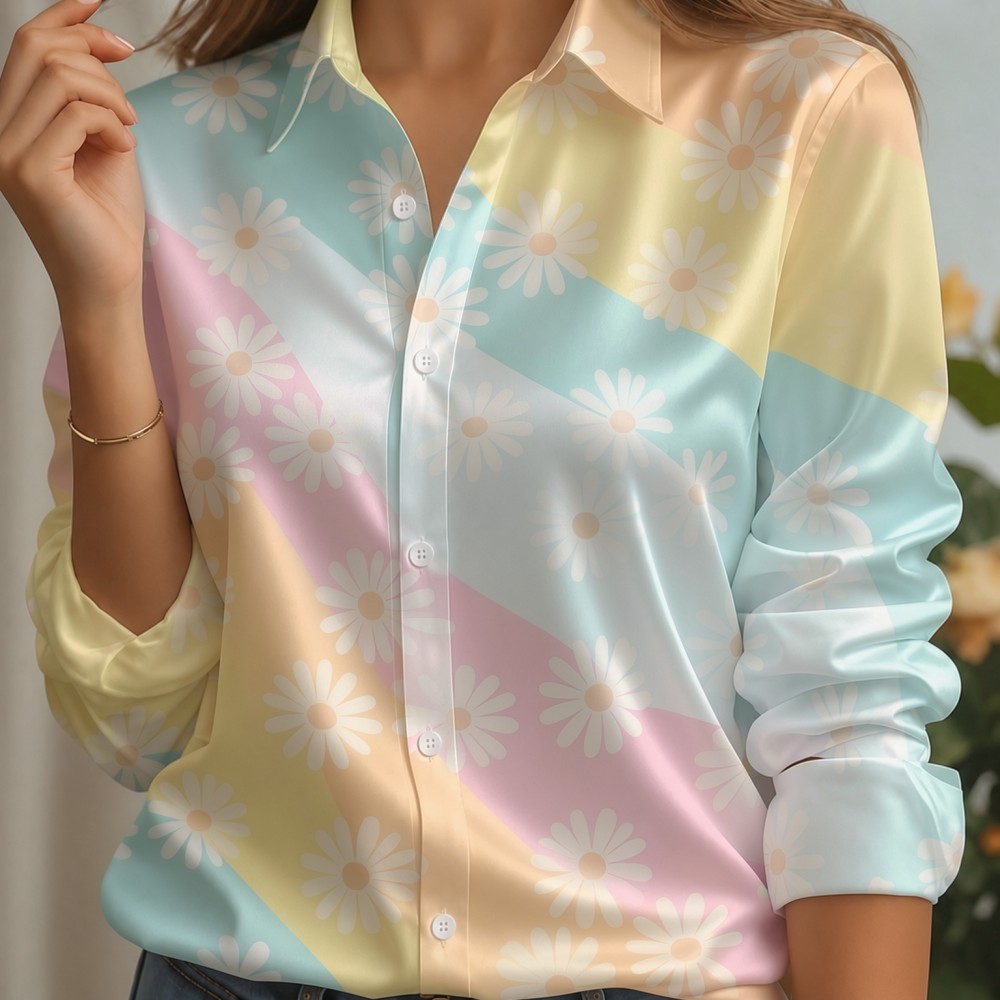 여성용 새틴 라펠 칼라 셔츠 파스텔 스트라이프 프린트  - Women Fashion Outfits 리뷰 및 가격
