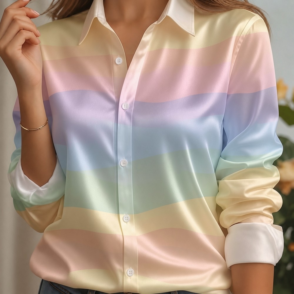 여성용 새틴 라펠 칼라 셔츠 파스텔 스트라이프 프린트  - Women Fashion Outfits 리뷰 및 가격