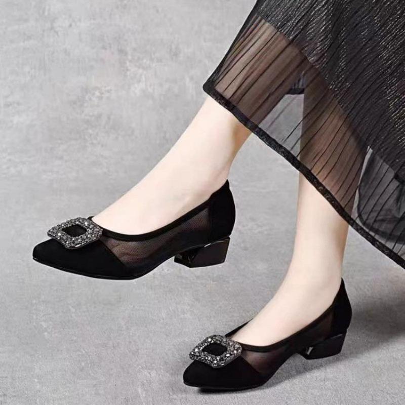 우아한 포인티드 토 메쉬 블록 힐 펌프스, 라인스톤 사 - Women Fashion Store 리뷰 및 가격
